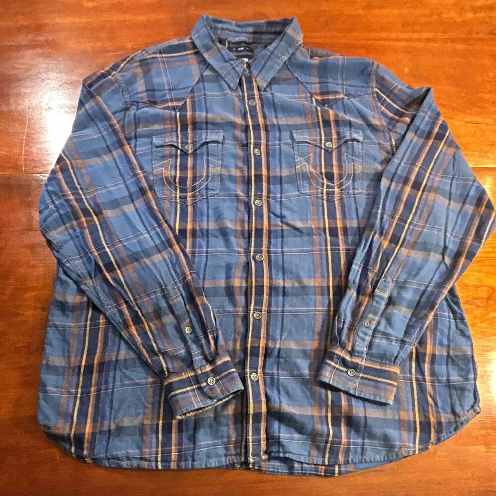True Religion Men's Slim Fit Blue/Orange Plaid Flannel Shirt Size XXXL